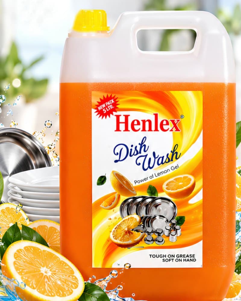 Henlex Dish Wash jerry can with fresh lemons and clean plates