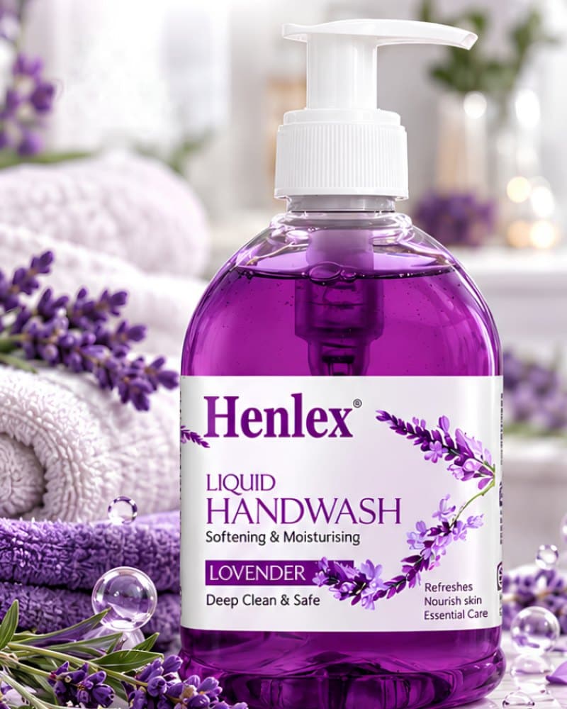 Henlex Lavender Liquid Handwash bottle with lavender sprigs and soft towels