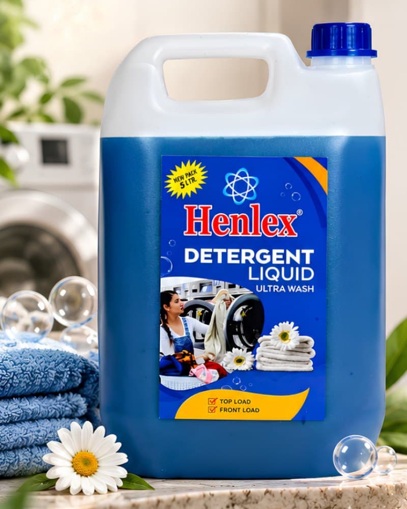 Henlex Detergent Liquid Ultra Wash jerry can beside folded blue towels