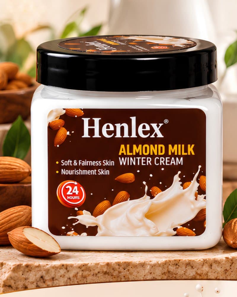Henlex Almond Milk Winter Cream jar surrounded by almonds