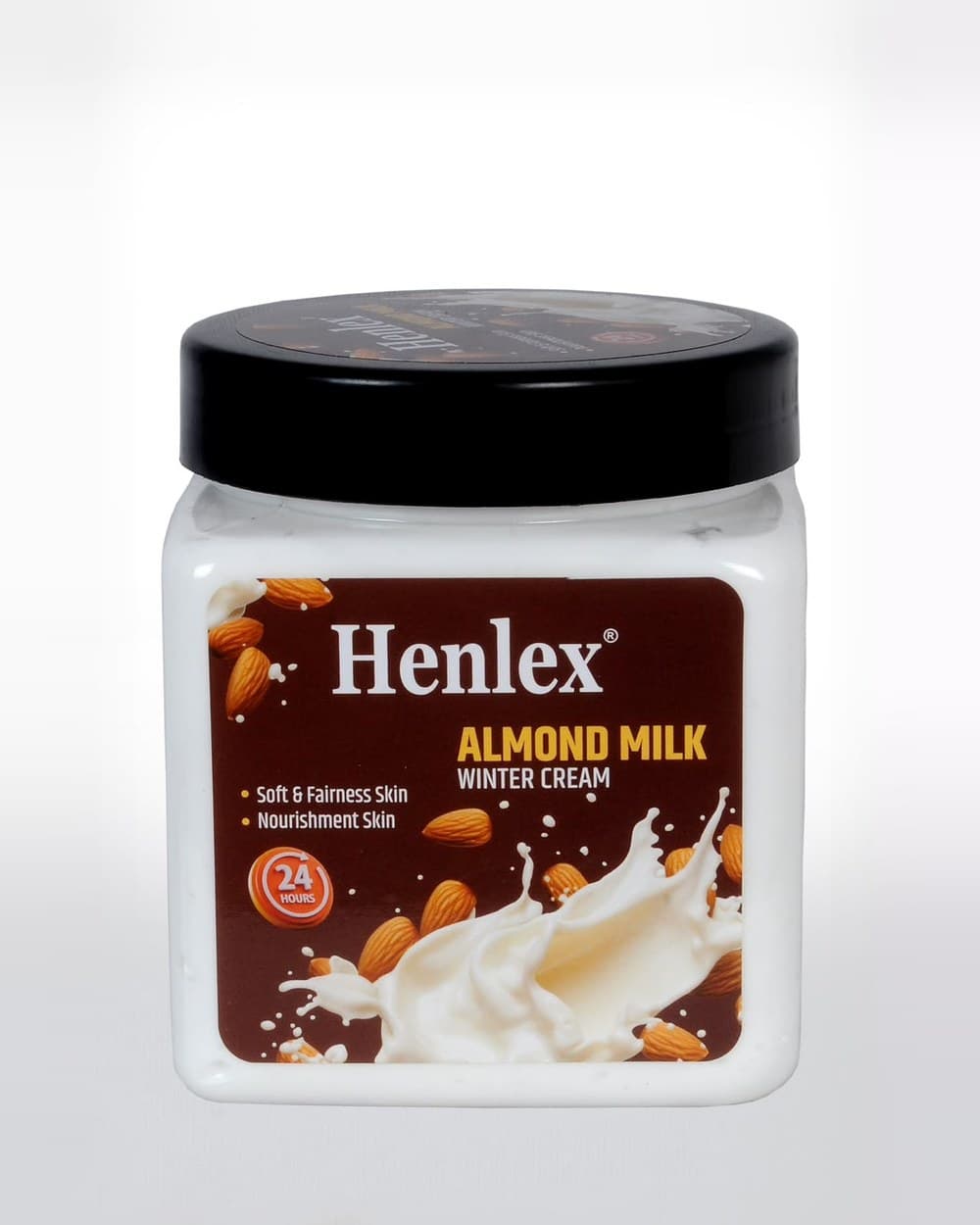 Henlex Almond Milk Winter Cream in a white jar with black lid and brown almond label