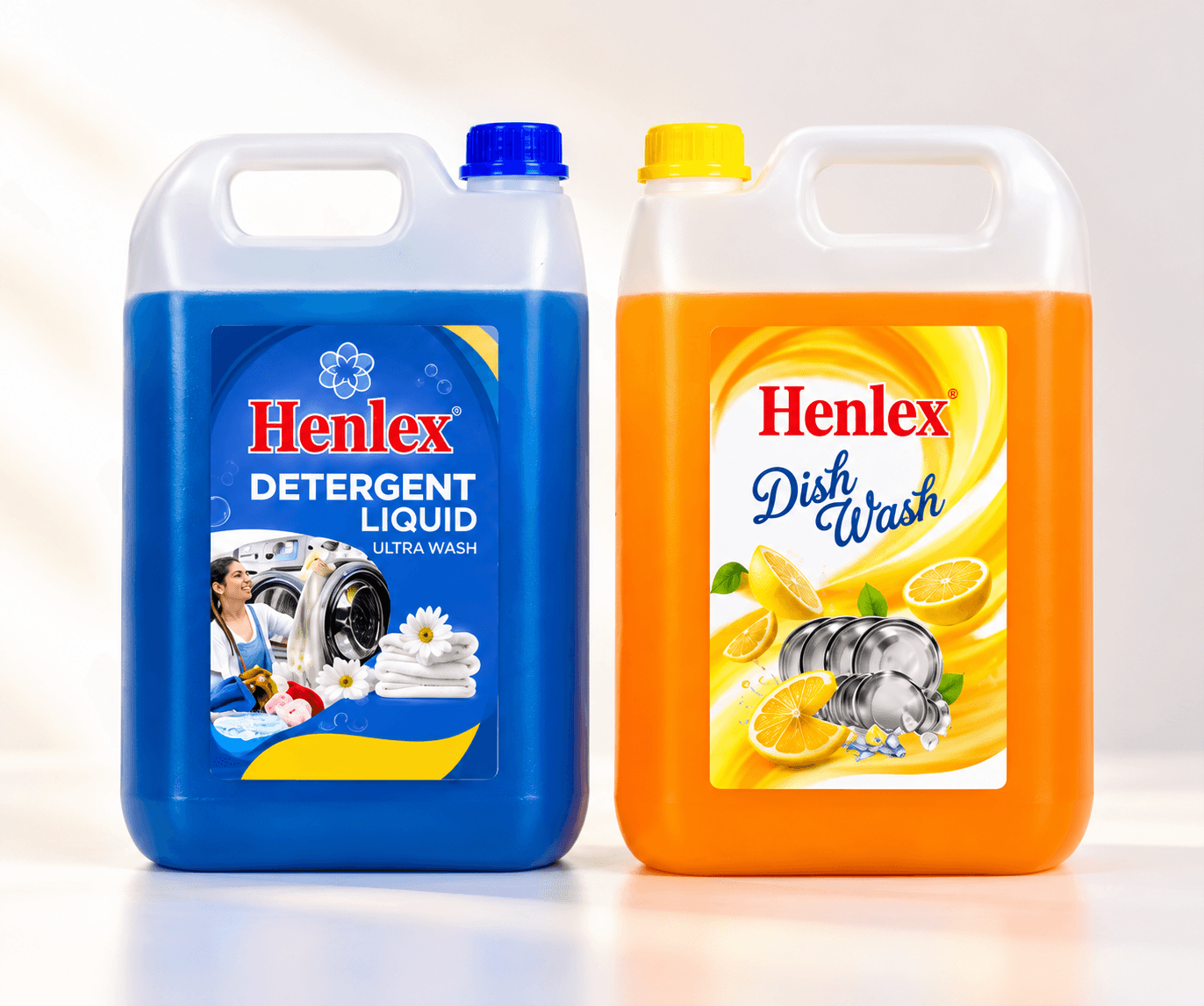 Henlex Detergent Liquid Ultra Wash blue 5 litre jerry can beside Henlex Dish Wash orange 5 litre jerry can