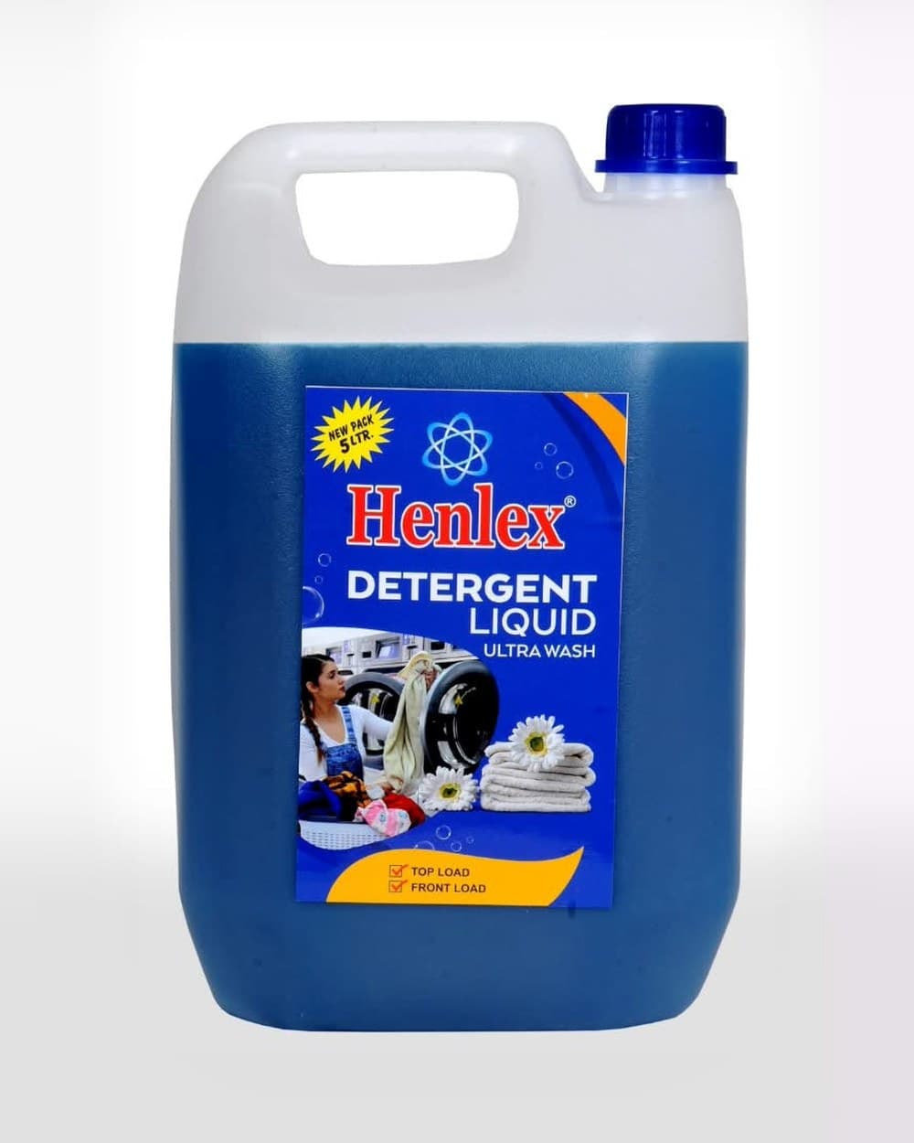 Henlex Detergent Liquid Ultra Wash, 5 litre blue jerry can with top load and front load label