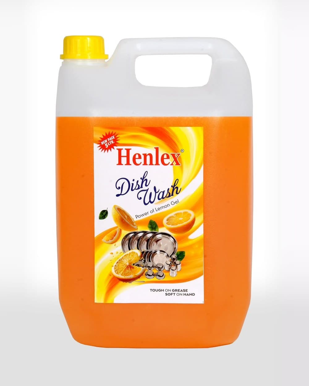 Henlex Dish Wash Power of Lemon Gel, 5 litre orange jerry can with yellow cap