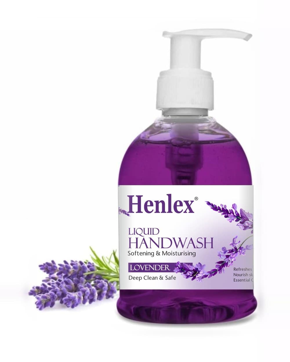 Henlex Liquid Handwash Lavender in a purple pump bottle beside lavender sprigs