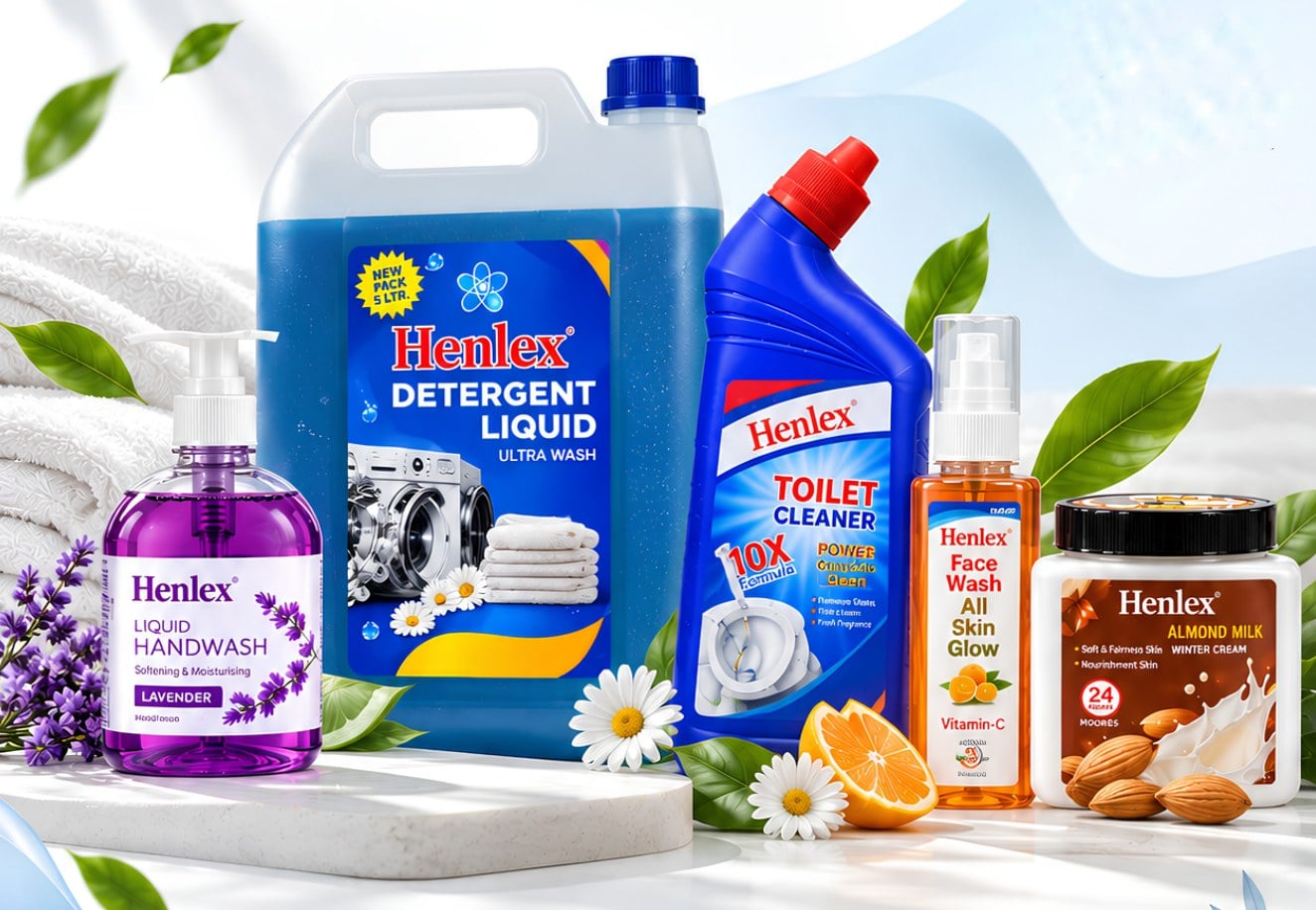 The Henlex range: Lavender Liquid Handwash, Detergent Liquid Ultra Wash, Toilet Cleaner, Vitamin-C Face Wash and Almond Milk Winter Cream